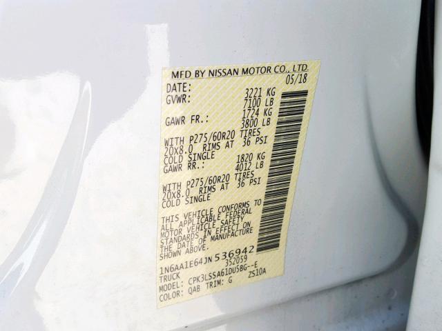 1N6AA1E64JN536942 - 2018 NISSAN TITAN SV WHITE photo 10