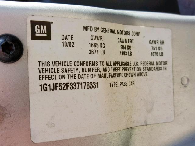 1G1JF52F337178331 - 2003 CHEVROLET CAVALIER L SILVER photo 10