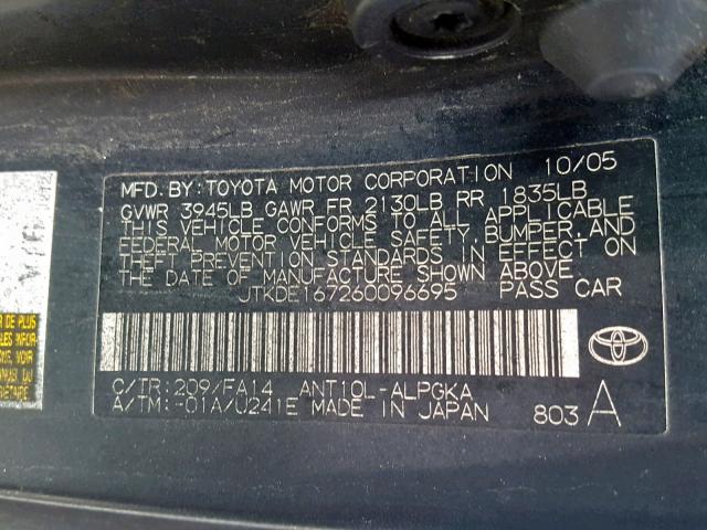 JTKDE167260096695 - 2006 TOYOTA SCION TC BLACK photo 10