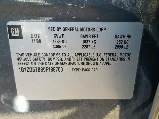 1G1ZG57B89F188700 - 2009 CHEVROLET MALIBU LS BLACK photo 10
