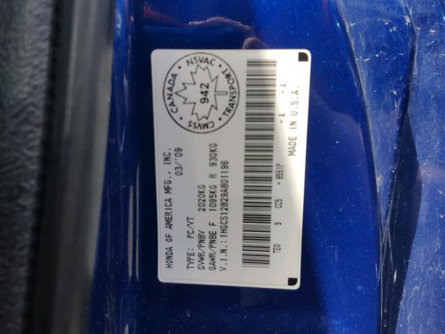 1HGCS12829A801196 - 2009 HONDA ACCORD EXL BLUE photo 10