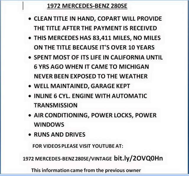 10801812092091 - 1972 MERCEDES-BENZ 280 SE WHITE photo 9