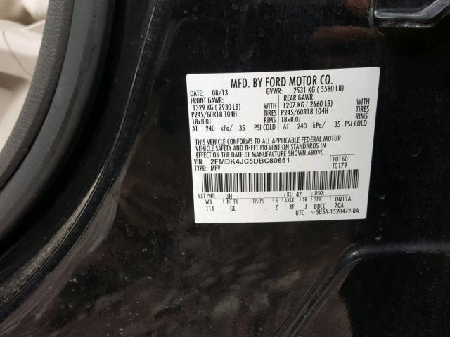 2FMDK4JC5DBC80851 - 2013 FORD EDGE SEL BLACK photo 10