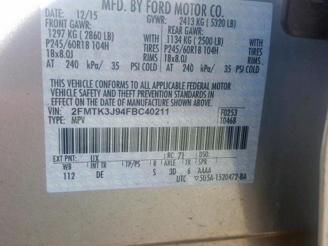 2FMTK3J94FBC40211 - 2015 FORD EDGE SEL SILVER photo 10