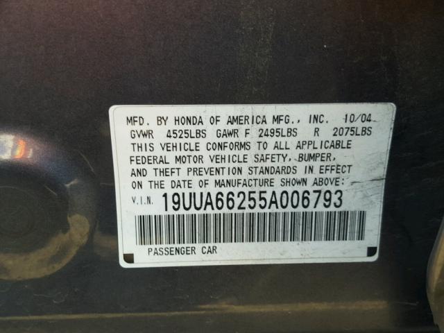 19UUA66255A006793 - 2005 ACURA TL CHARCOAL photo 10