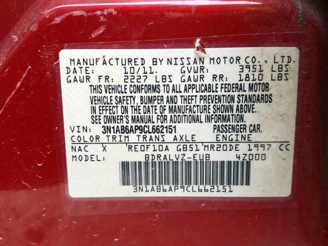 3N1AB6AP9CL662151 - 2012 NISSAN SENTRA 2.0 MAROON photo 10