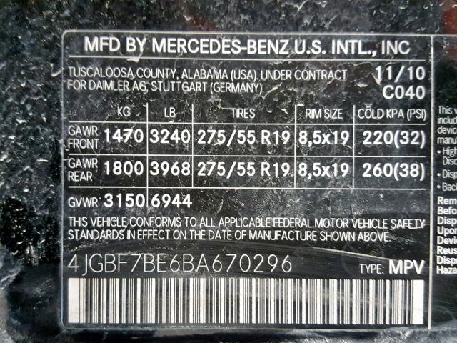 4JGBF7BE6BA670296 - 2011 MERCEDES-BENZ GL 450 4MA BLACK photo 10