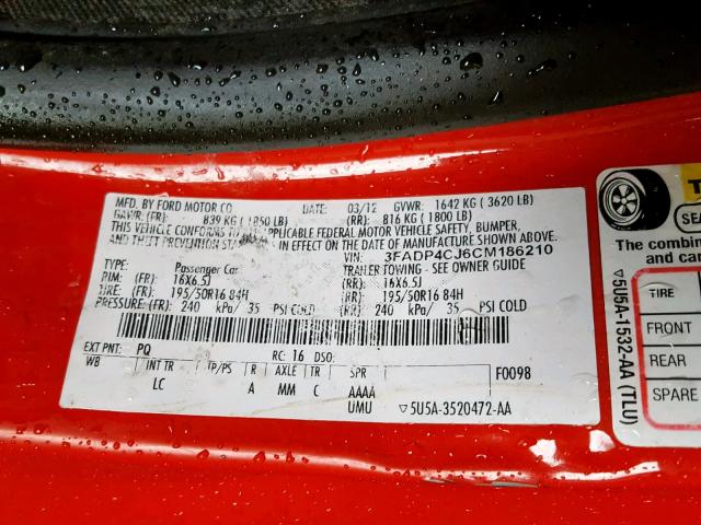 3FADP4CJ6CM186210 - 2012 FORD FIESTA SEL RED photo 10