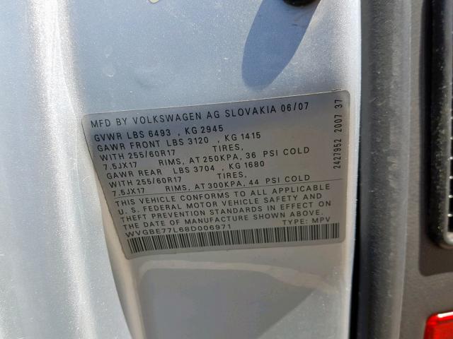 WVGBE77L68D006971 - 2008 VOLKSWAGEN TOUAREG 2 SILVER photo 10