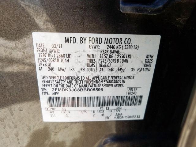 2FMDK3JC8BBB05596 - 2011 FORD EDGE SEL  photo 10