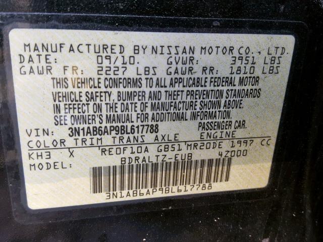 3N1AB6AP9BL617788 - 2011 NISSAN SENTRA 2.0 BLACK photo 10