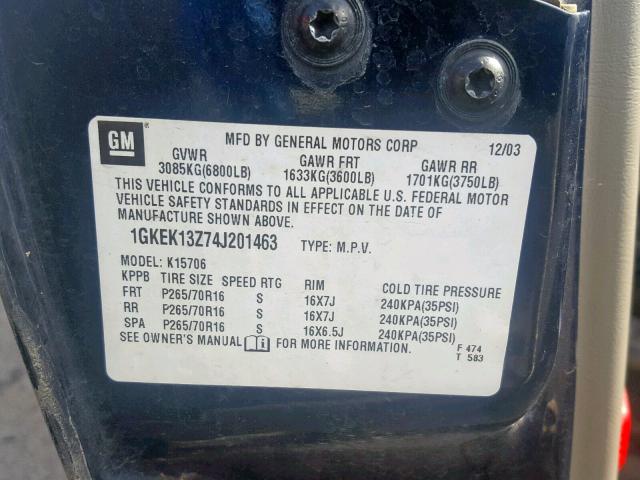 1GKEK13Z74J201463 - 2004 GMC YUKON BLUE photo 10