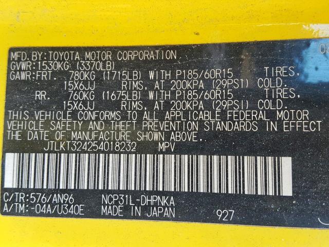 JTLKT324254018232 - 2005 TOYOTA SCION XB 黄色 照片 10