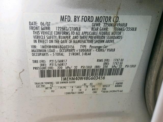 1MEHM40W48G603456 - 2008 MERCURY SABLE LUXU WHITE photo 10