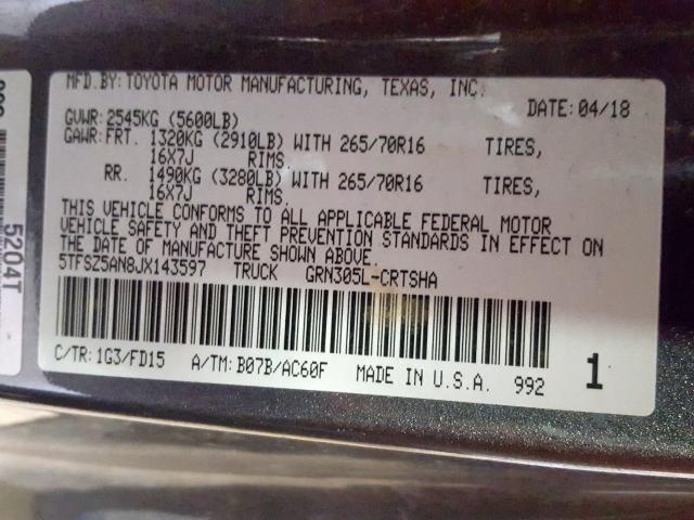 5TFSZ5AN8JX143597 - 2018 TOYOTA TACOMA ACCESS CAB  ფოტო 10