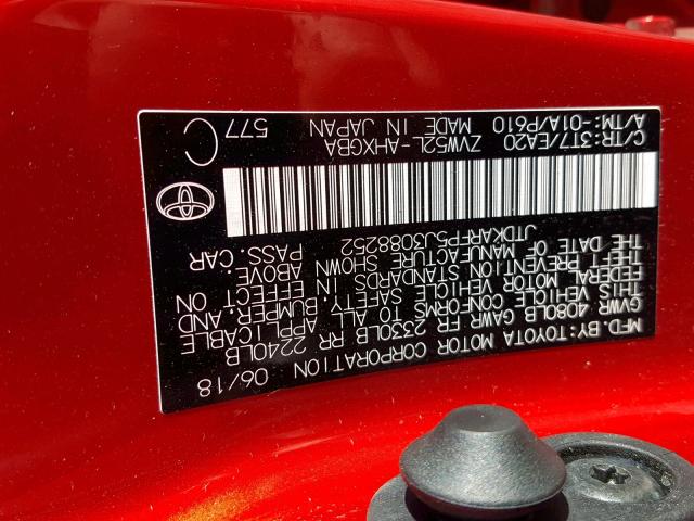 JTDKARFP5J3088252 - 2018 TOYOTA PRIUS PRIM 红色 照片 10