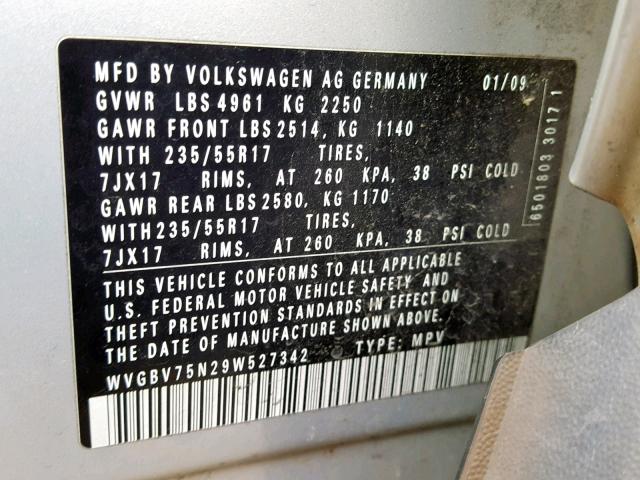 WVGBV75N29W527342 - 2009 VOLKSWAGEN TIGUAN SE SILVER photo 10