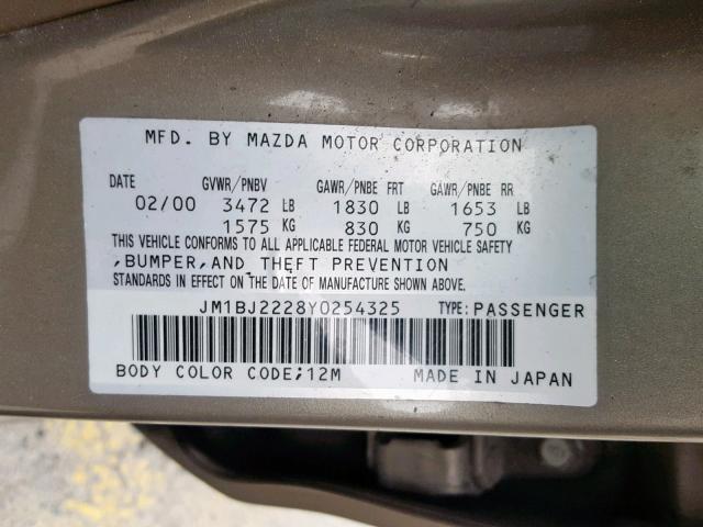 JM1BJ2228Y0254325 - 2000 MAZDA PROTEGE DX GOLD photo 10