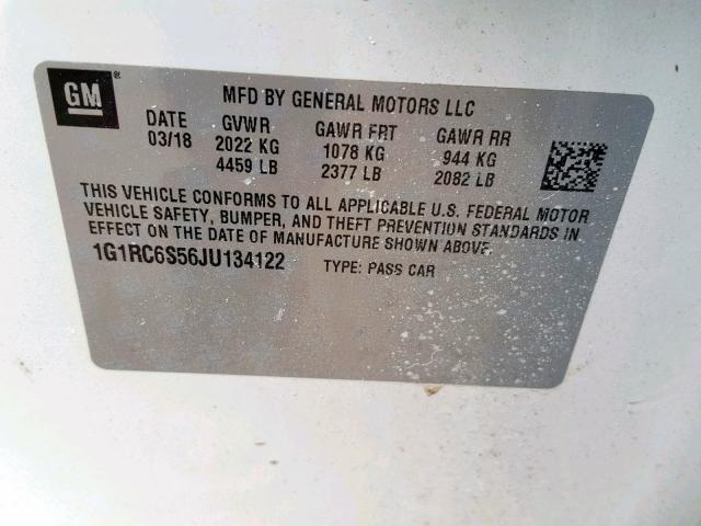 1G1RC6S56JU134122 - 2018 CHEVROLET VOLT LT WHITE photo 10