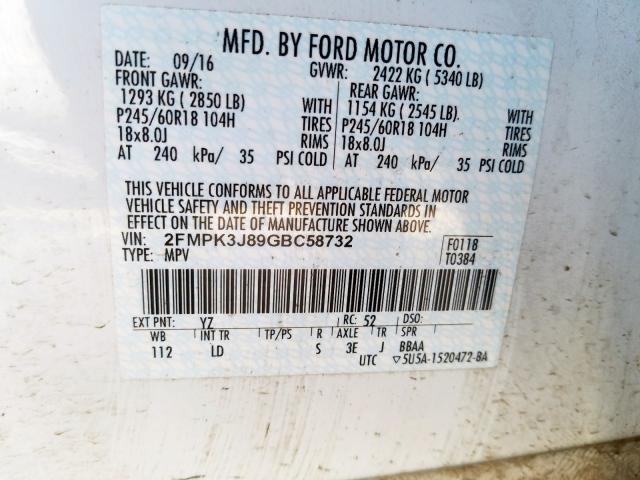 2FMPK3J89GBC58732 - 2016 FORD EDGE SEL  photo 10