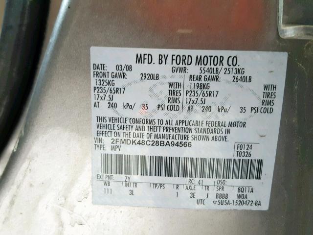 2FMDK48C28BA94566 - 2008 FORD EDGE SEL SILVER photo 10