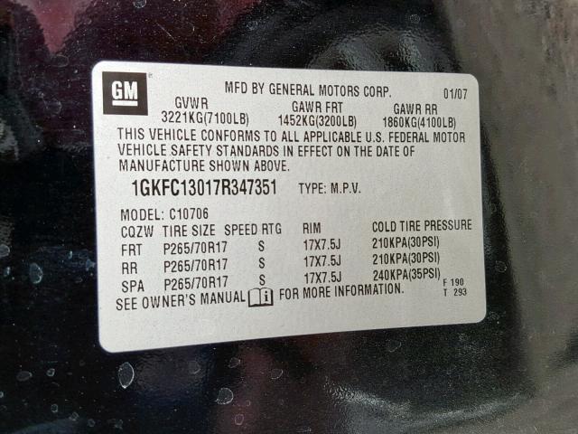 1GKFC13017R347351 - 2007 GMC YUKON BLACK photo 10