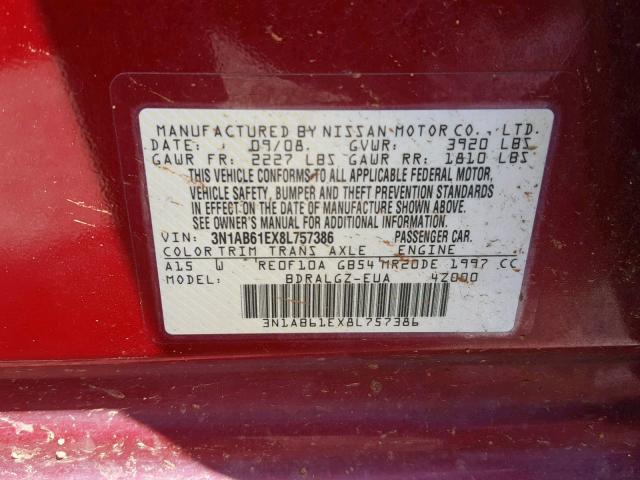 3N1AB61EX8L757386 - 2008 NISSAN SENTRA 2.0 MAROON photo 10