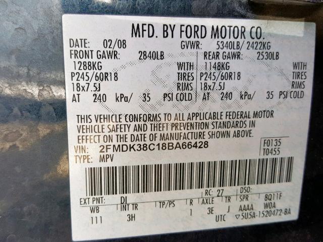 2FMDK38C18BA66428 - 2008 FORD EDGE SEL BLUE photo 10