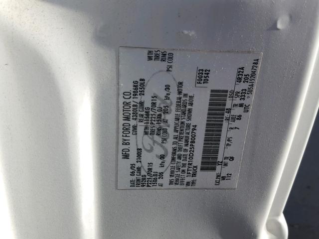 1FTYR10D25PB00794 - 2005 FORD RANGER WHITE photo 10