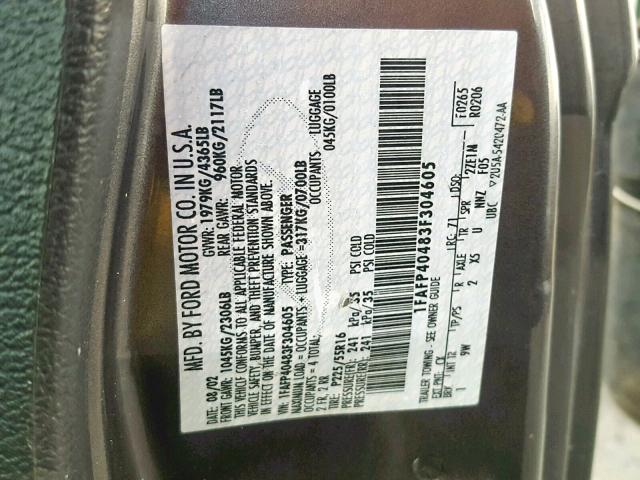 1FAFP40483F304605 - 2003 FORD MUSTANG GRAY photo 10