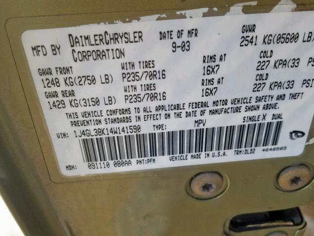 1J4GL38K14W141590 - 2004 JEEP LIBERTY RE 绿色 照片 10