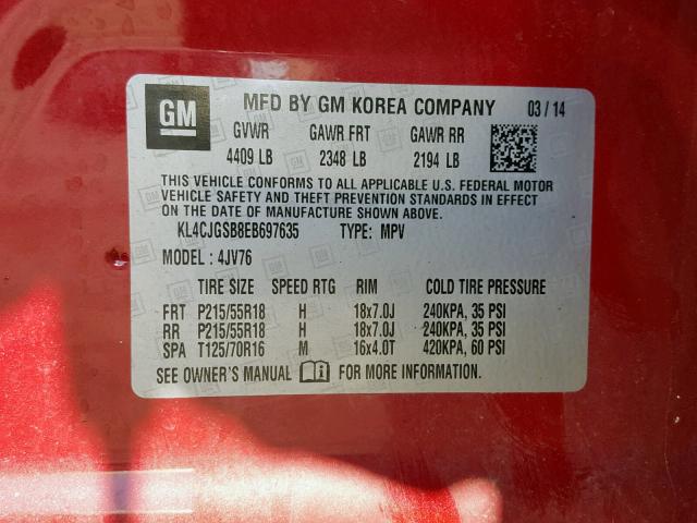 KL4CJGSB8EB697635 - 2014 BUICK ENCORE RED photo 10