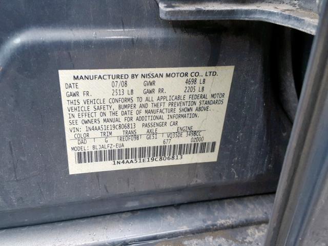 1N4AA51E19C806813 - 2009 NISSAN MAXIMA S BLUE photo 10