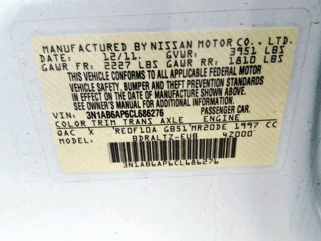 3N1AB6AP6CL686276 - 2012 NISSAN SENTRA 2.0 WHITE photo 10