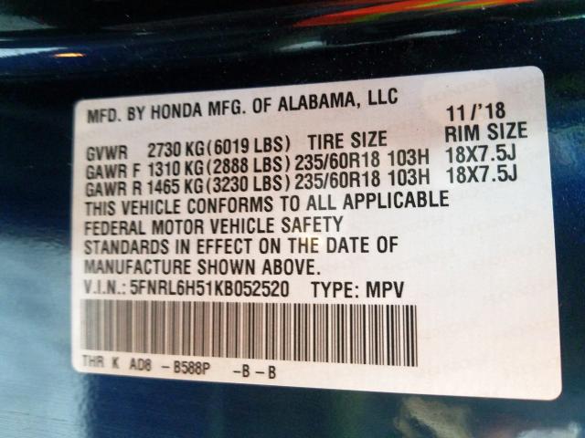 5FNRL6H51KB052520 - 2019 HONDA ODYSSEY EX  photo 10