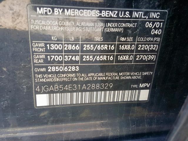 4JGAB54E31A288329 - 2001 MERCEDES-BENZ ML 320 BLACK photo 10