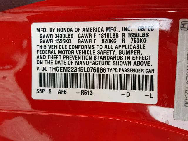 1HGEM22315L076086 - 2005 HONDA CIVIC DX V RED photo 10