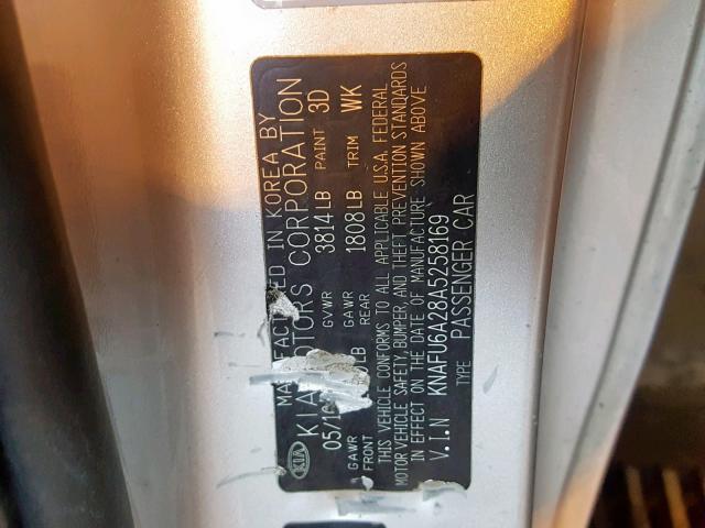 KNAFU6A28A5258169 - 2010 KIA FORTE EX SILVER photo 10