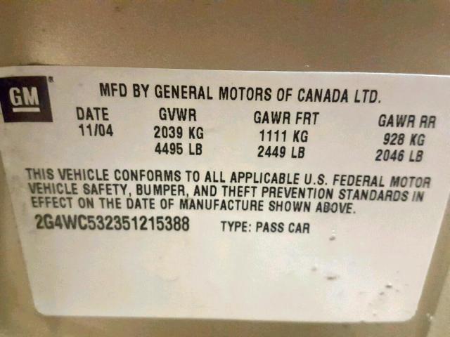 2G4WC532351215388 - 2005 BUICK LACROSSE C TAN photo 10