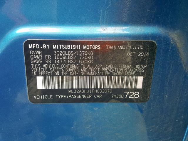 ML32A3HJ1FH032070 - 2015 MITSUBISHI MIRAGE DE BLUE photo 10