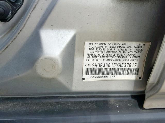 2HGEJ6615YH537817 - 2000 HONDA CIVIC BASE Gümüş foto 10