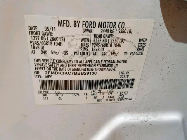 2FMDK3KC7BBB29130 - 2011 FORD EDGE LIMIT WHITE photo 10