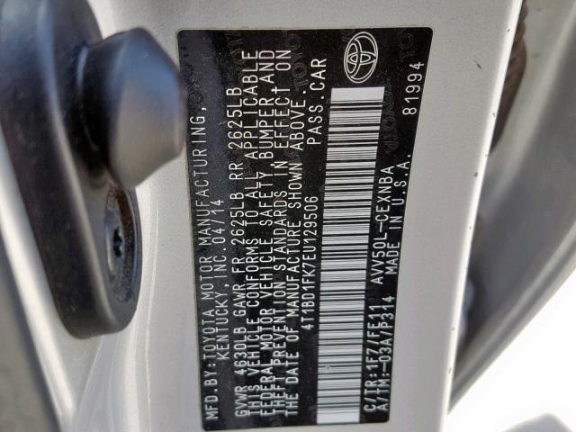 4T1BD1FK7EU129506 - 2014 TOYOTA CAMRY HYBR SILVER photo 10