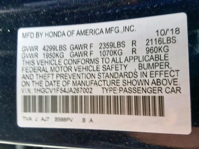 1HGCV1F54JA267002 - 2018 HONDA ACCORD EXL BLUE photo 10