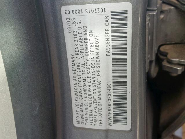 WVWRH63B63P384801 - 2003 VOLKSWAGEN PASSAT GLX 银色 照片 10