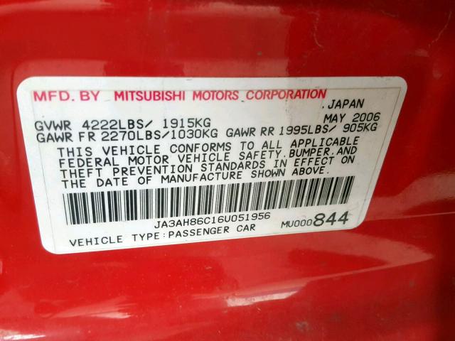 JA3AH86C16U051956 - 2006 MITSUBISHI LANCER EVO RED photo 10