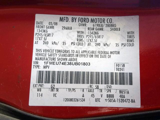 1FMEU74E38UB01803 - 2008 FORD EXPLORER E RED photo 10