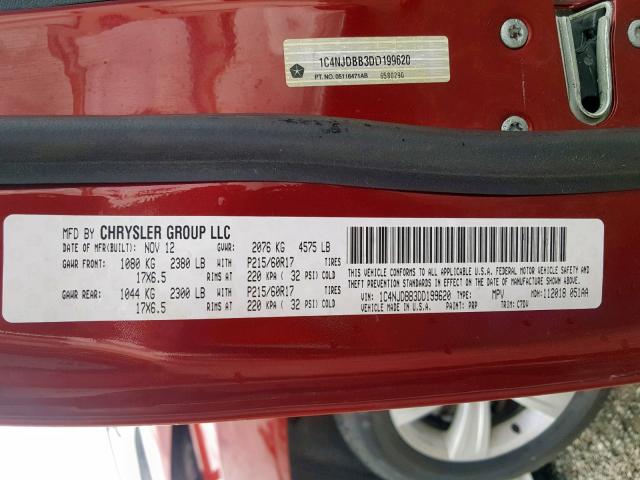 1C4NJDBB3DD199620 - 2013 JEEP COMPASS SP 红色 照片 10