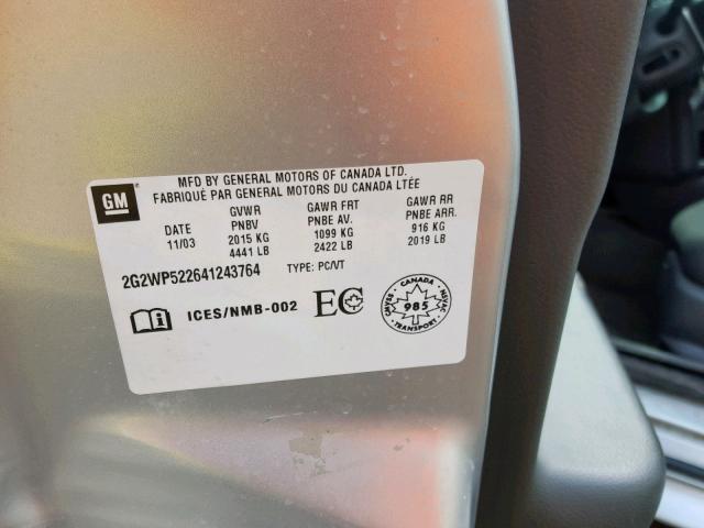 2G2WP522641243764 - 2004 PONTIAC GRAND PRIX GRAY photo 10