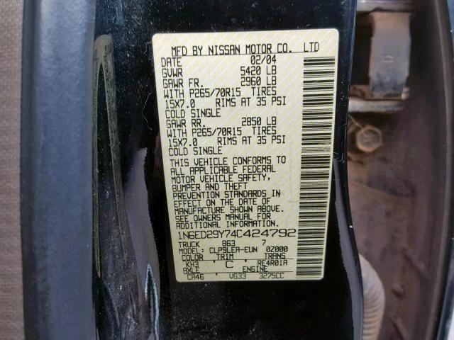 1N6ED29Y74C424792 - 2004 NISSAN FRONTIER C BLACK photo 10